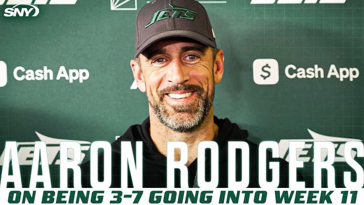 Jets QB Aaron Rodgers discusses Mike Williams trolling, coach Jeff Ulbrich, and playoff hopes.