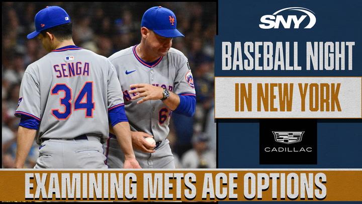 Senga and a Mets coach on the field with text: SNY Baseball Night in New York, Examining Mets Ace Options