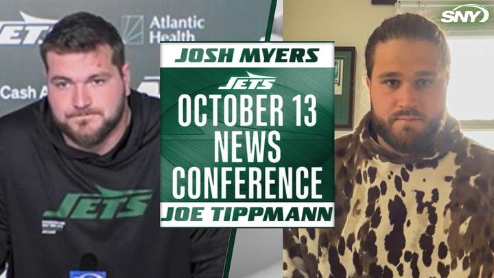 Josh Myers and Joe Tippmann named for Jets October 13 news conference, SNY logo in corner.