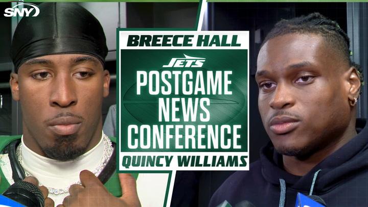 Breece Hall and Quincy Williams discuss Jets' loss to Patriots, emphasizing team unity.