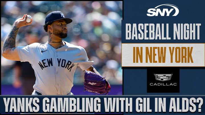 Yankees pitcher Gil in action with text asking "Yanks gambling with Gil in ALDS?" on SNY's Baseball