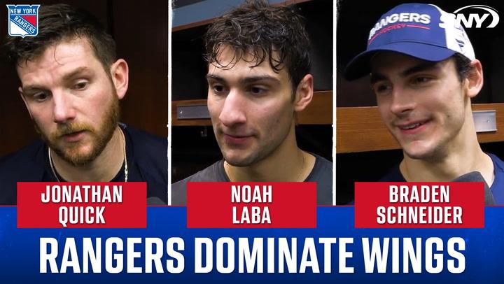 Jonathan Quick, Noah Laba, and Braden Schneider of the Rangers featured with headline "Rangers dominate Wings".