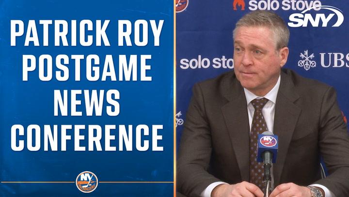 Patrick Roy at a postgame news conference, pleased with Islanders' 3-1 win over Columbus.