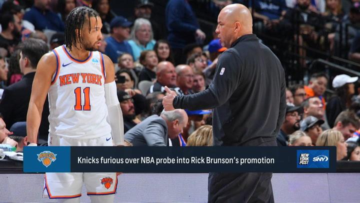 Knicks' Rick Brunson and player during game; NBA investigates his recent promotion.