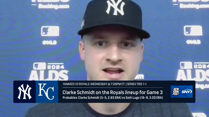 Clarke Schmidt discusses excitement for Game 3 of 2024 ALDS vs Royals; series tied 1-1.