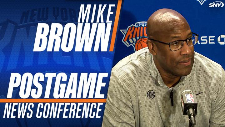 Mike Brown speaks at a New York Knicks postgame news conference.