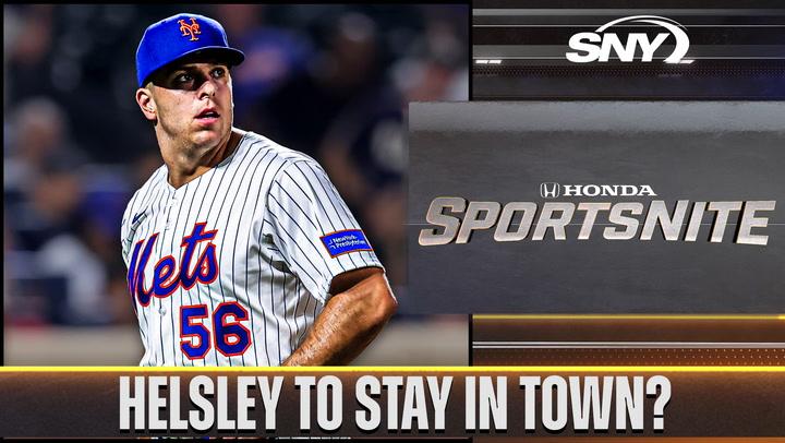 Mets player Helsley with jersey number 56 featured on SNY SportsNite with the headline "Helsley to