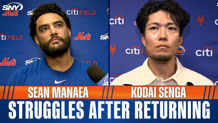 Sean Manaea and Kodai Senga of the Mets, with text reading "Struggles After Returning."