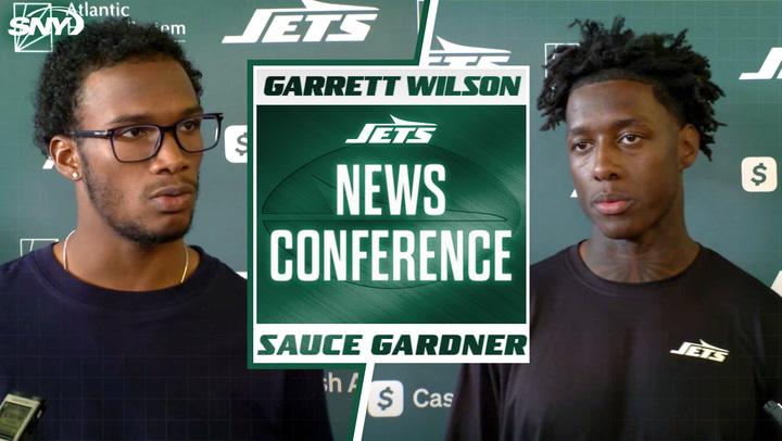 Garrett Wilson and Sauce Gardner discuss Jets' Week 10 matchup vs. Cardinals at a news conference.