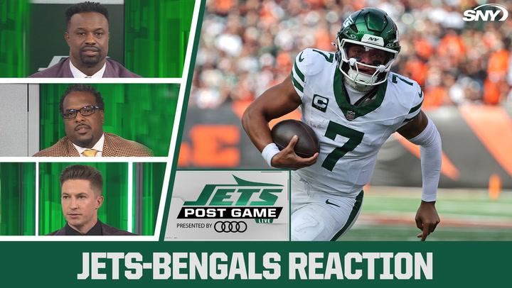 Jets-Bengals reaction with Jets Post Game Live panel and Jets player holding a football during the game.