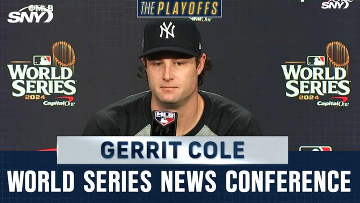 Gerrit Cole at a Yankees press conference, focused on overcoming the 3-0 World Series deficit.