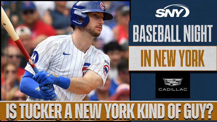 Cubs player Tucker in mid-swing, with text reading "SNY Baseball Night in New York" and "Is Tucker