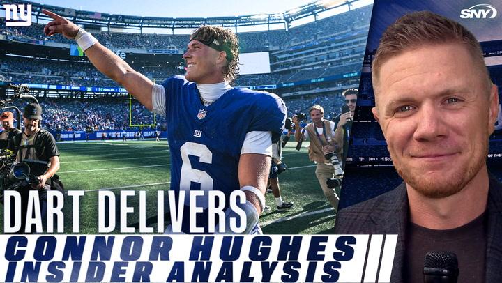 Giants' quarterback No. 6 celebrates on the field with headline "Dart Delivers" and "Connor Hughes Insider