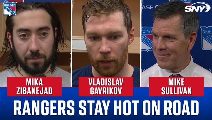 Mika Zibanejad, Vladislav Gavrikov, and Mike Sullivan featured above the headline "Rangers stay hot