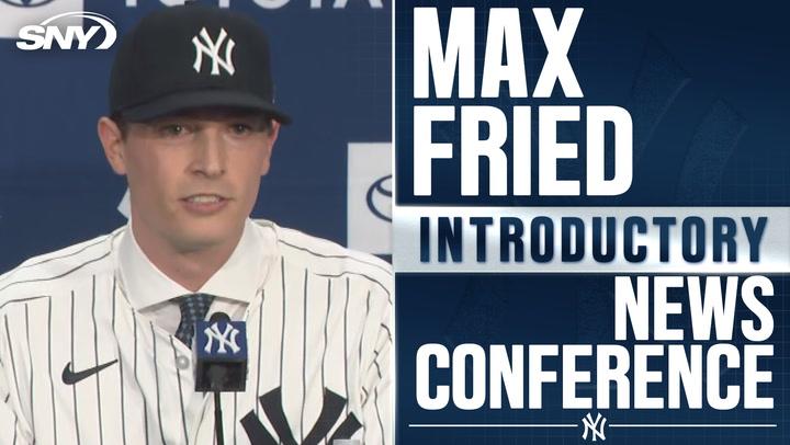 New York Yankees pitcher Max Fried at his introductory news conference discussing joining the team.