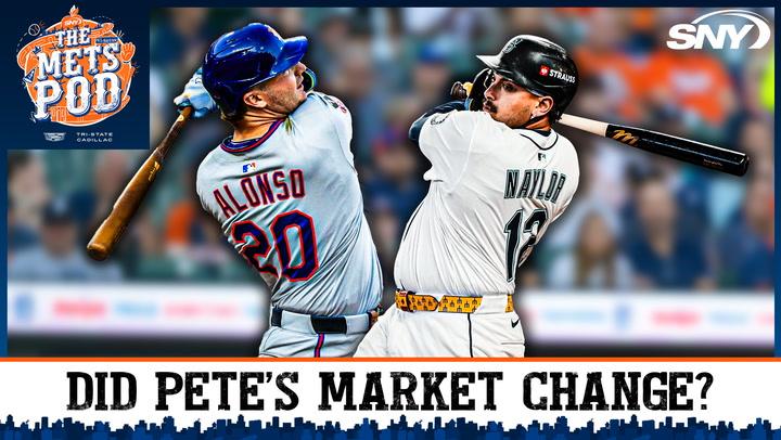 Pete Alonso of the Mets and Josh Naylor of another team are shown swinging bats with the question "Did Pete's market change