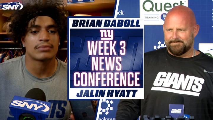 Giants WR Jalin Hyatt and coach Brian Daboll at Week 3 news conference, refuting trade rumors.