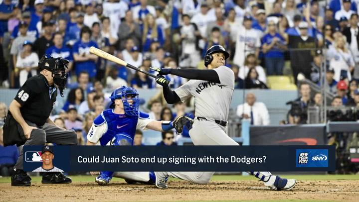 Image of a baseball player in action; NY Post analyzes Juan Soto's potential move to the Dodgers.