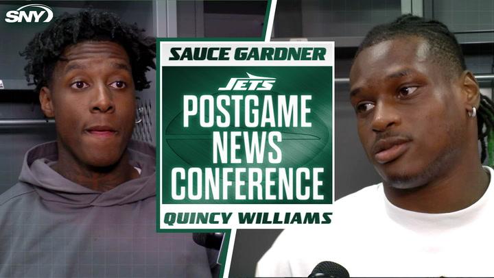 Sauce Gardner and Quincy Williams discuss Jets' tackling and energy issues at a press conference.