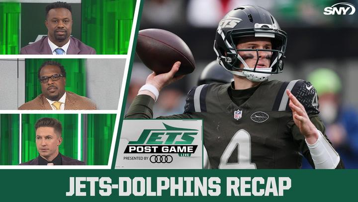 Jets-Dolphins recap with Jets Post Game Live panel and a Jets quarterback in action.