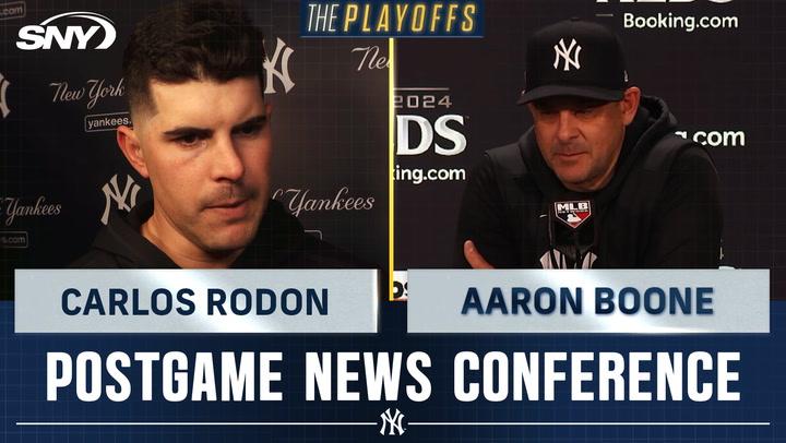 Carlos Rodon and Aaron Boone discuss Yankees' Game 2 ALDS loss after Rodon's fourth inning implosion.