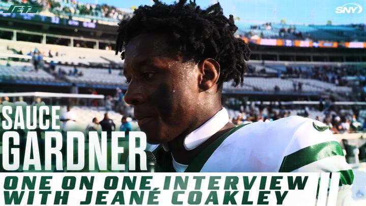 Sauce Gardner celebrates game-sealing INT in Jets' win. Talks with Jeane Coakley post-game.