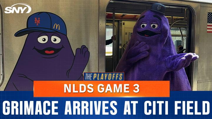 Grimace arrives at Citi Field for Game 3 of the NLDS between Mets and Phillies