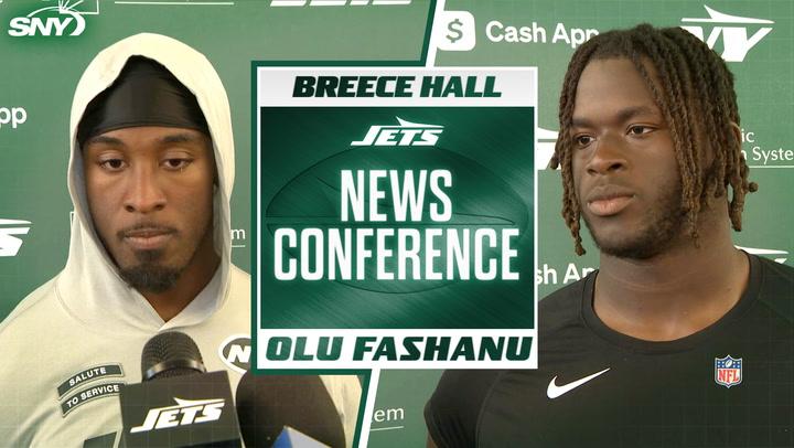 Jets' Breece Hall and Olu Fashanu discuss the team's offensive struggles at a press conference.