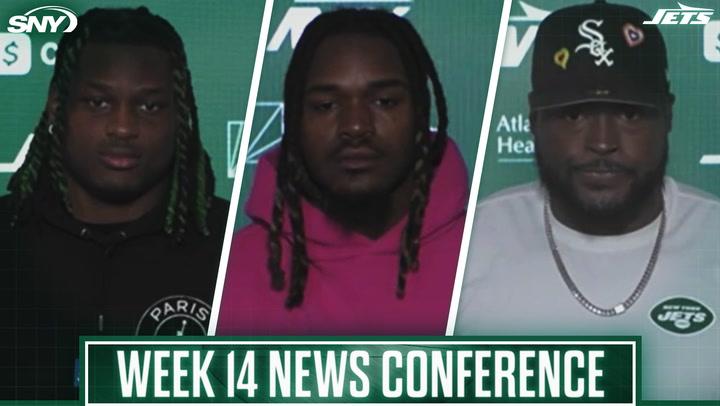 Quincy Williams, Jamien Sherwood, and John Simpson at Jets' press conference after Seahawks loss.