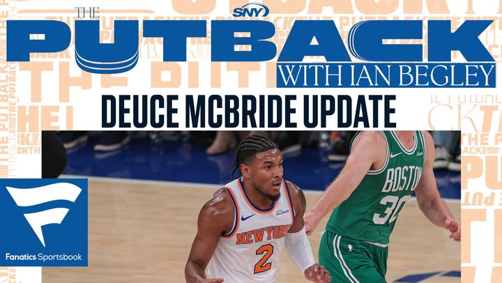 Knicks' Deuce McBride drives past a Celtics defender, with text reading "THE PUTBACK with Ian Begley: