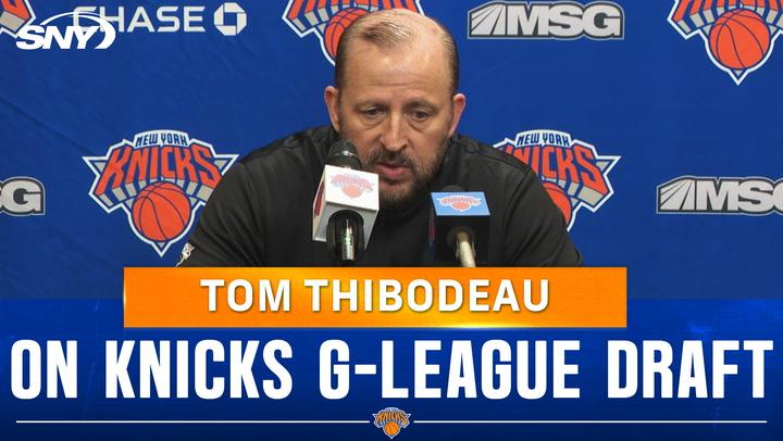 Head coach Tom Thibodeau discusses the Knicks' G-League draft and Cavaliers matchup.