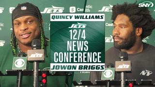 Jets news conference on 12/4 with Quincy Williams and Jowon Briggs speaking at microphones.