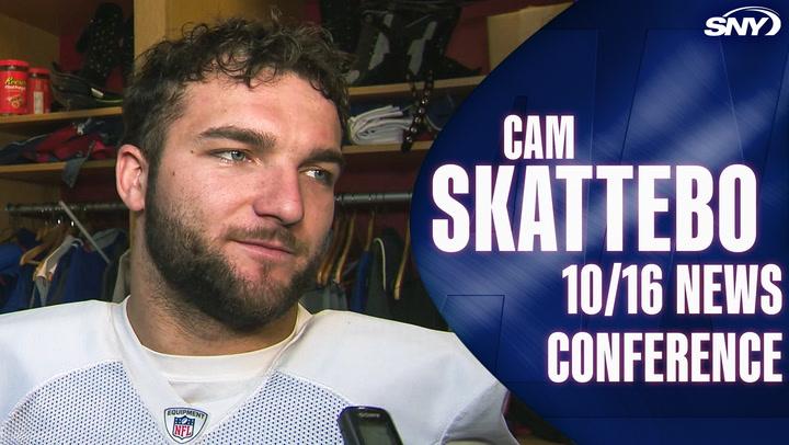 Cam Skattebo 10/16 news conference, SNY logo in corner.