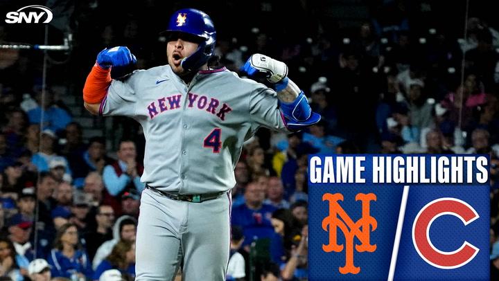 Mets vs Cubs game highlights with a Mets player celebrating.