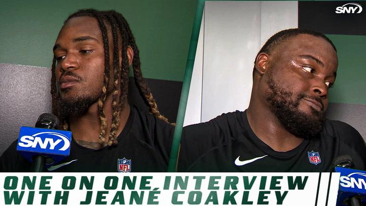 NFL players being interviewed by SNY for a one-on-one segment with Jeane Coakley.