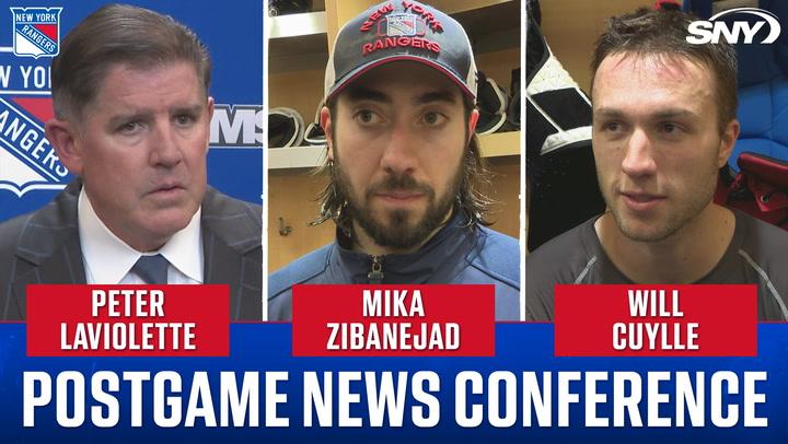 Postgame news conference with Peter Laviolette, Mika Zibanejad, and Will Cuylle discussing the New York Rangers' win over Islanders, highlighting Cuylle's header goal.