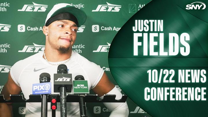 Justin Fields at Jets press conference on October 22, as shown on SNY.