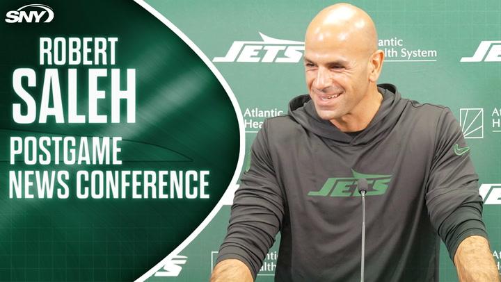 Jets coach Robert Saleh speaks at a postgame news conference about rookies Fashanu and Allen.