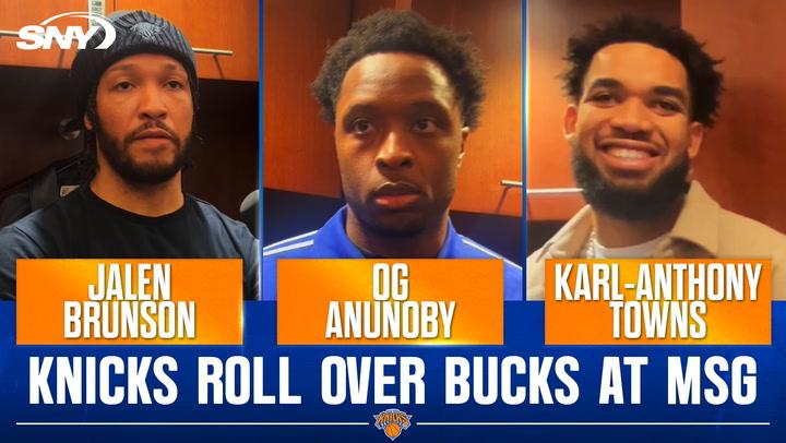 Jalen Brunson discusses the Knicks' 116-94 win over the Bucks; Carmelo Anthony visits postgame.