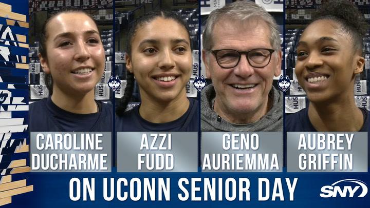 Head coach Geno Auriemma with players reflecting on UConn Senior Day before facing Marquette.