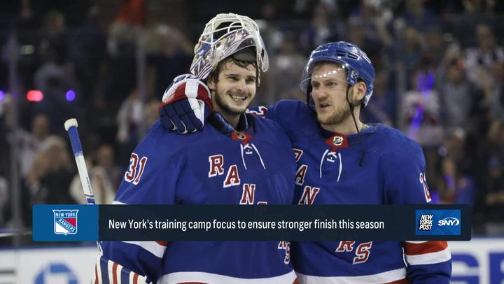 Rangers players celebrate. Preview of 2024-2025 NHL season, including Rangers analysis and goals.