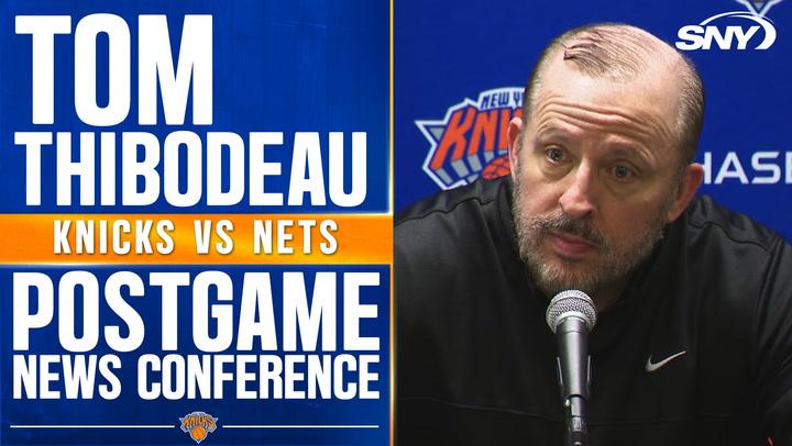 Tom Thibodeau speaks at a postgame conference; seeks consistent officiating for Knicks.