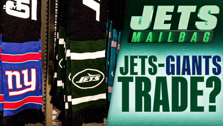 Jets-Giants trade discussion in Jets Mailbag, with New York Giants and New York Jets scarves shown.