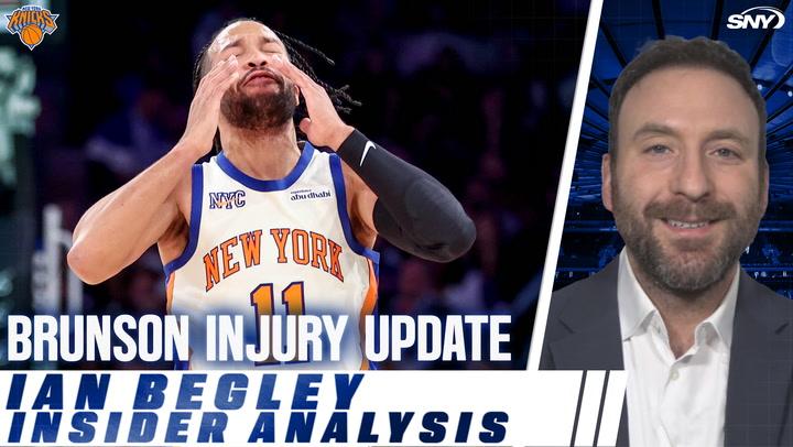 Jalen Brunson of the New York Knicks reacts with frustration, text reads "Brunson Injury Update" and "Ian