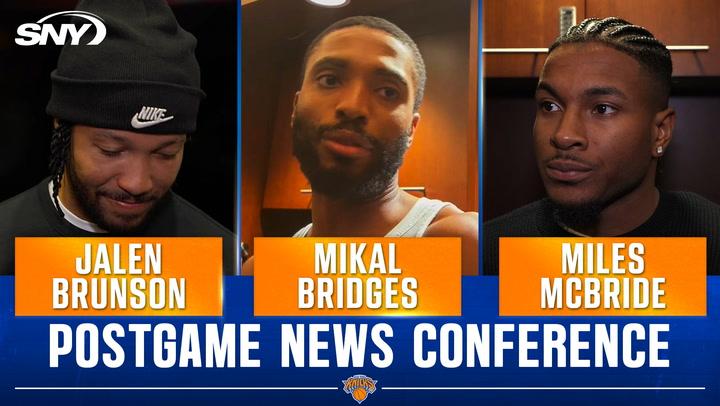 Jalen Brunson, Mikal Bridges, and Miles McBride at Knicks postgame news conference.