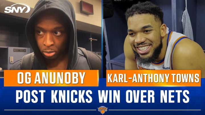 OG Anunoby and Karl-Anthony Towns discuss Knicks' win; Towns on thumb injury impacting shots.