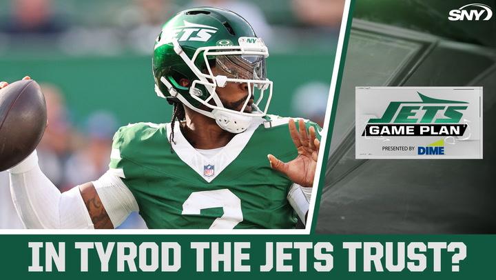 Tyrod Taylor wearing a Jets uniform prepares to throw a football, with text reading "IN TYROD THE JETS TRUST