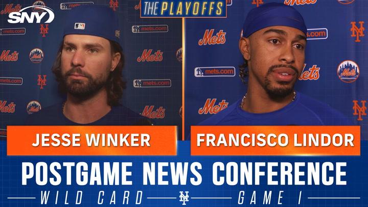 Jesse Winker and Francisco Lindor react to Mets' Game 1 Wild Card series win over the Brewers