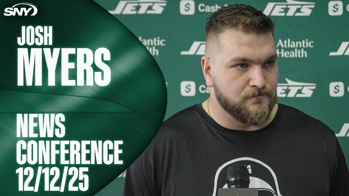 Josh Myers speaks at Jets news conference on 12/12/25.