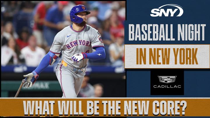 New York Mets player at bat, SNY Baseball Night in New York, sponsored by Cadillac, with the headline "What will